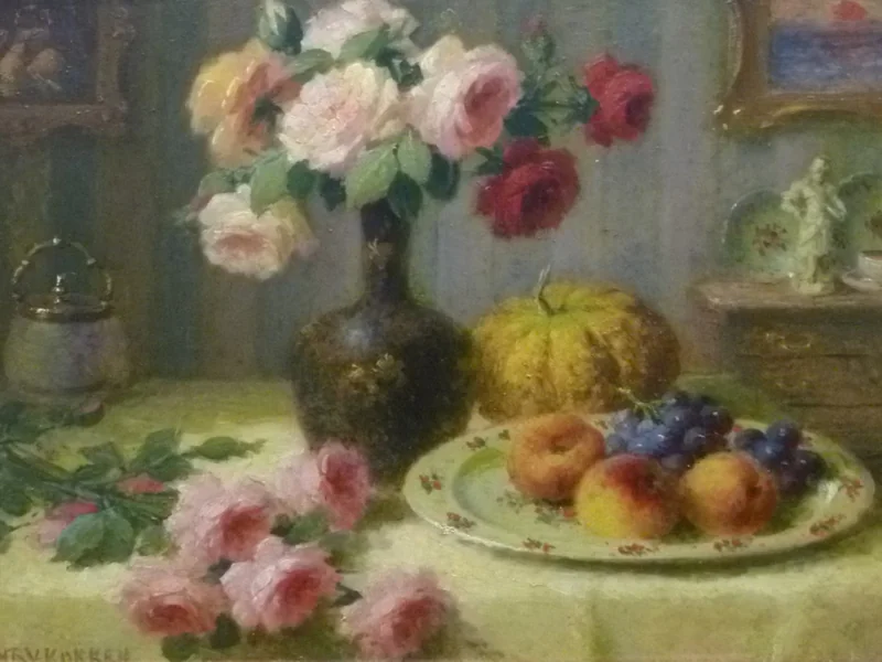 1860-Henry Kokken - Natura morta con rose e frutta